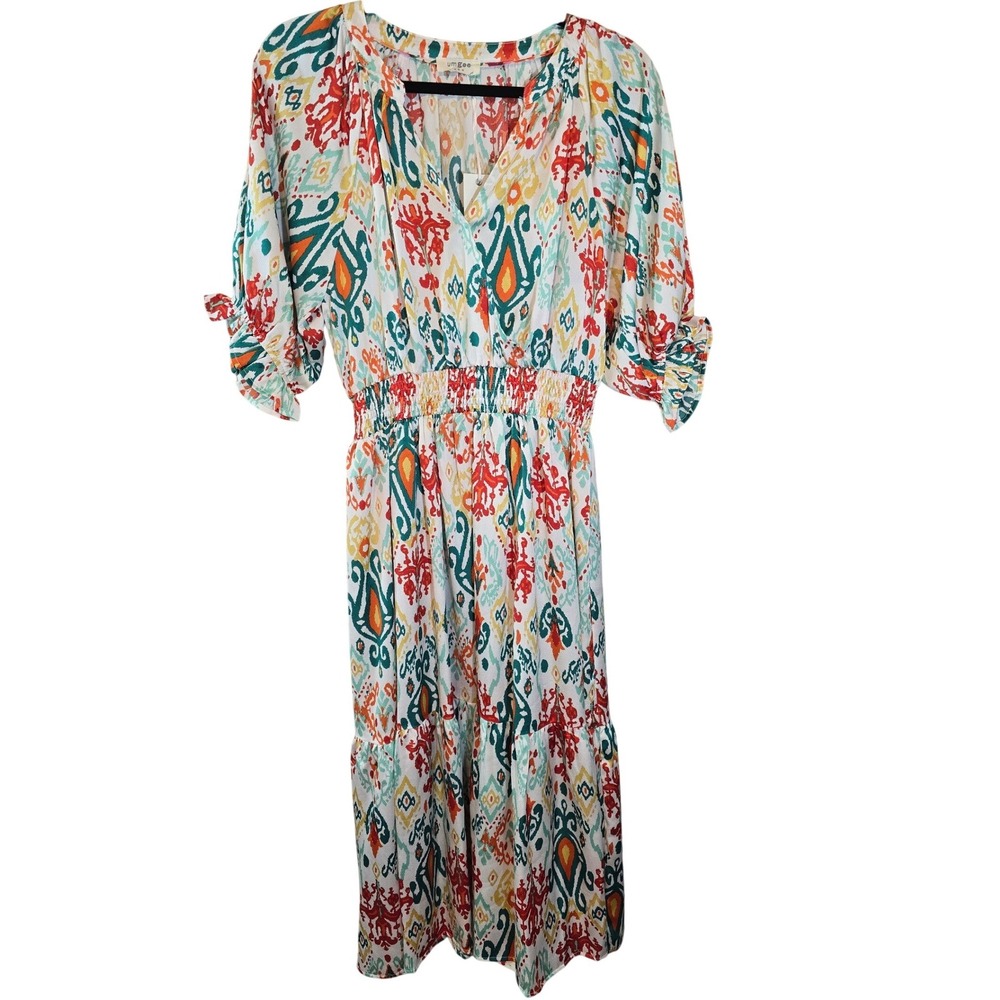 Umgee Womens Ikat Print Midi Dress‎ Smocked Waist V-Neck Tiered Size Small NEW